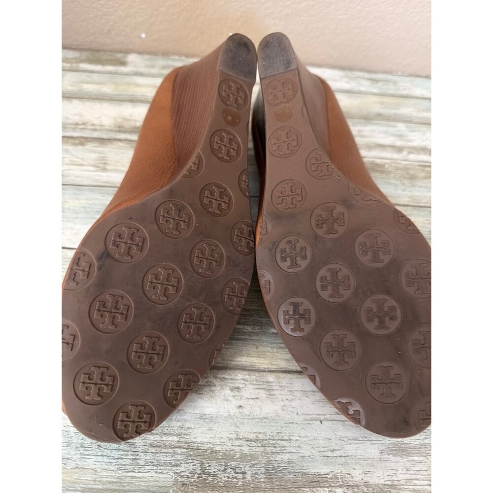 Tory Burch Women's Sally 2 Cognac Leather Peep Toe Wedge Heels Sz 11 Used No Box - Picture 10 of 11